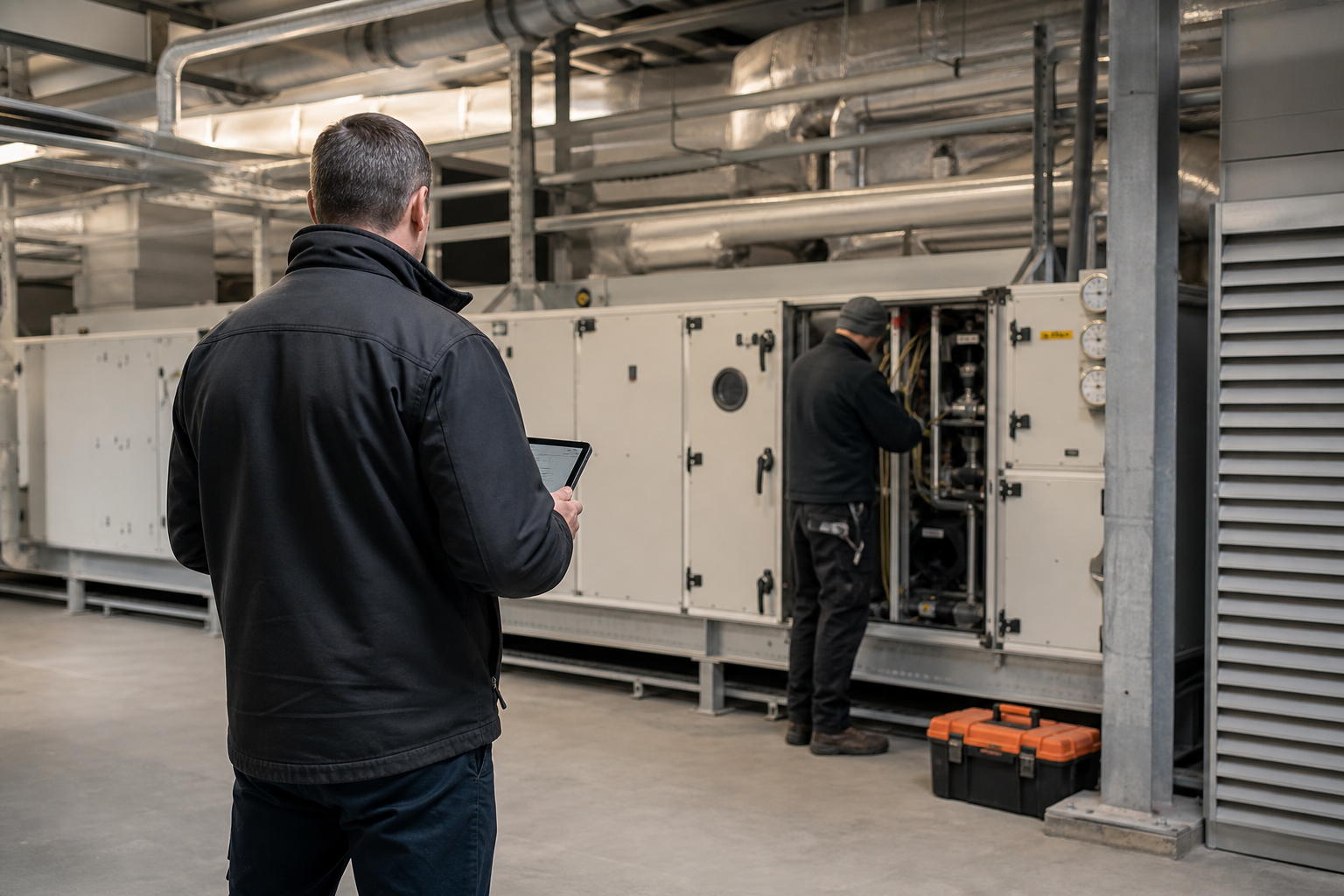 Facilities manager and external maintenance engineer reviewing a work instruction beside commercial building plant.