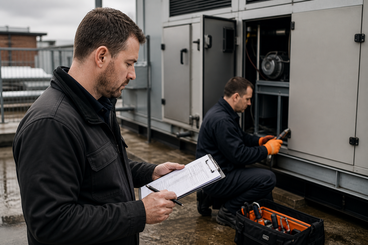 Maintenance coordinator and technician reviewing a scoped instruction near commercial service equipment.