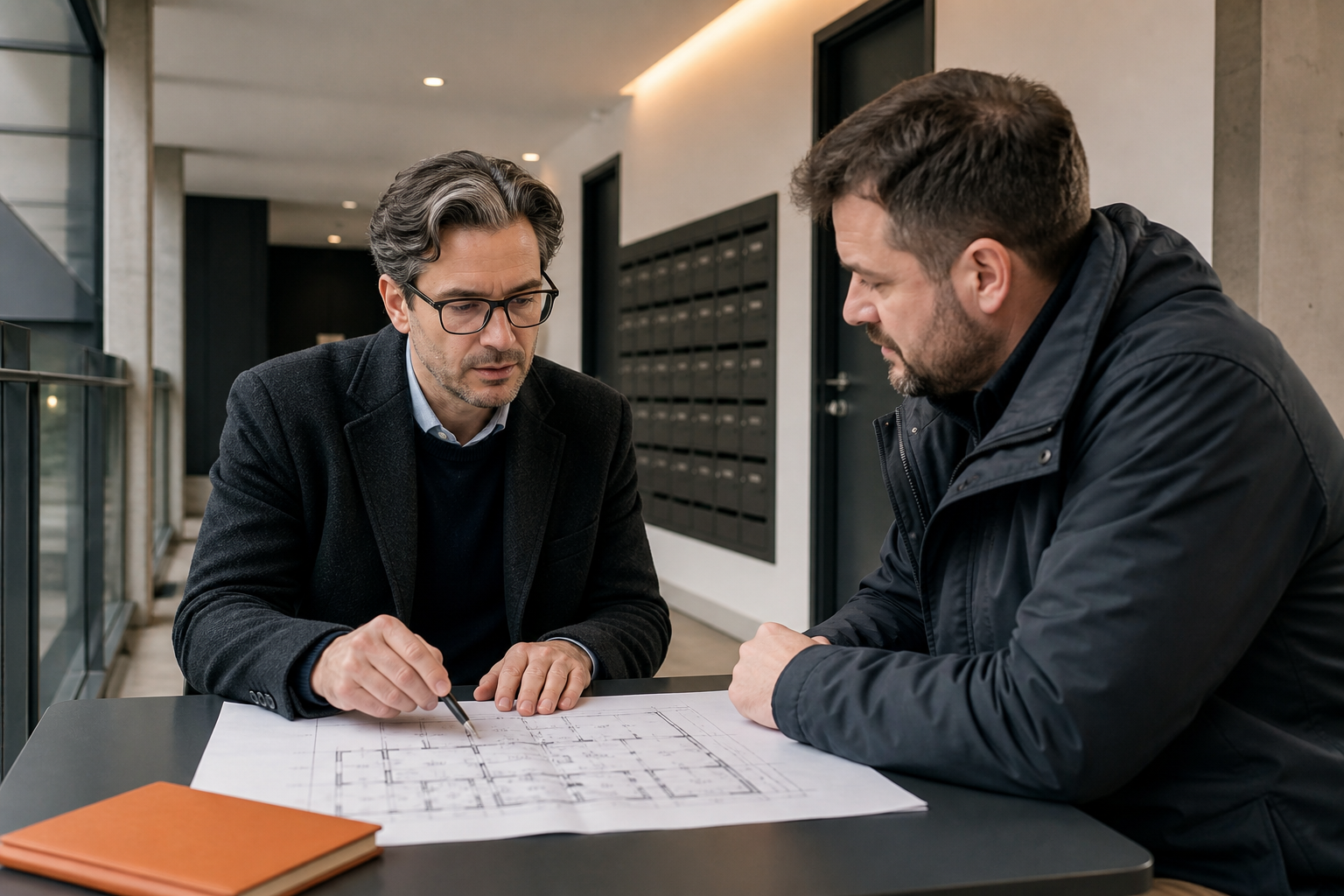 Property manager and contractor reviewing building information in a quiet mixed-use common area.